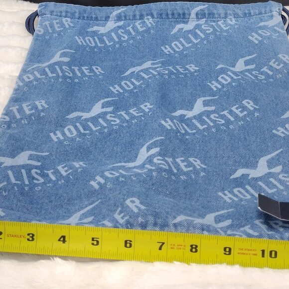 Hollister Denim Drawstring Backpack Cinch Bag Blue Logo Print Y2K - Picture 2 of 7
